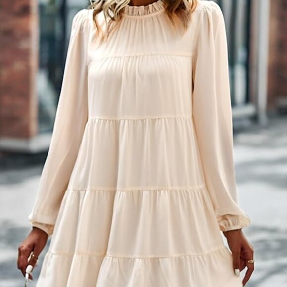 Women's Tunic Long Sleeve Ruffle Mock Neck Tiered Mini‎ Babydoll Dress - Picture 2 of 6